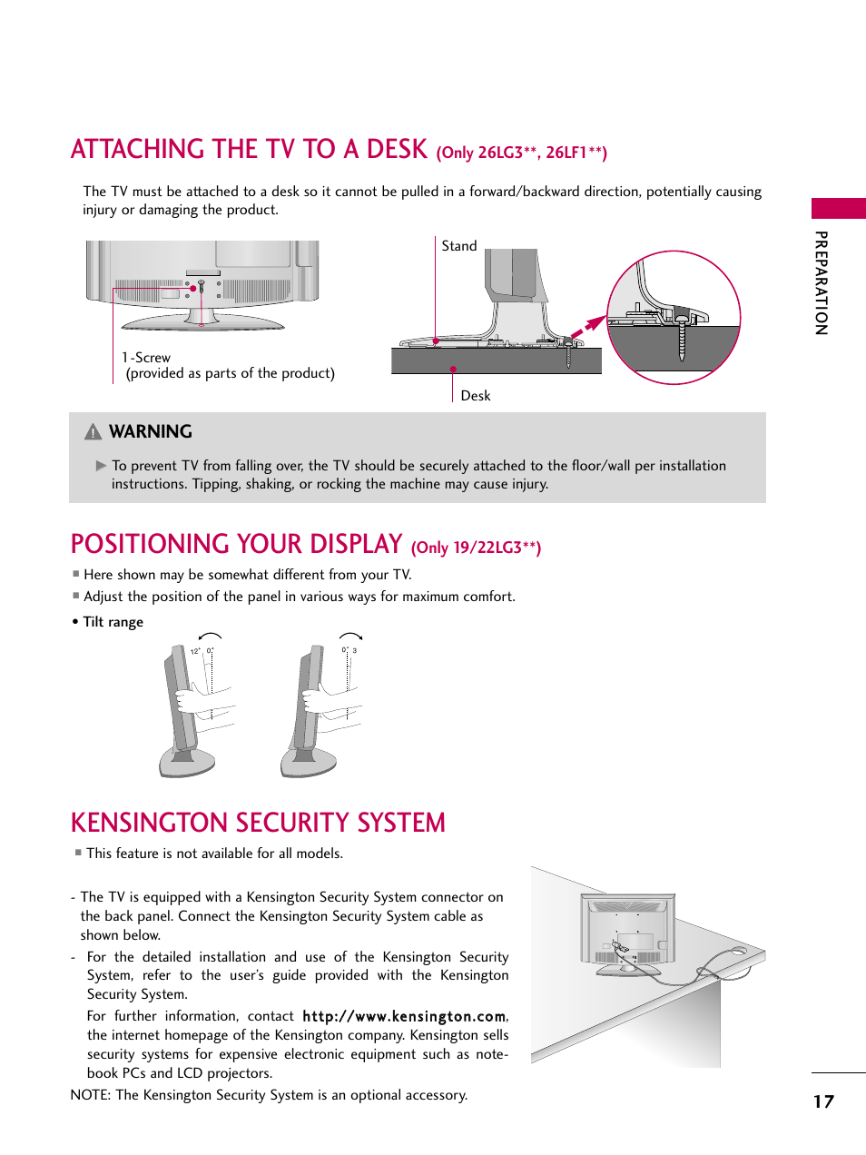 Attaching the tv to a desk (only 26lg3**, 26lf1**), Positioning your display (only 19/22lg3**), Kensington security system | Attaching the tv to a desk, Positioning your display, Warning | LG 22LG31 User Manual | Page 19 / 116
