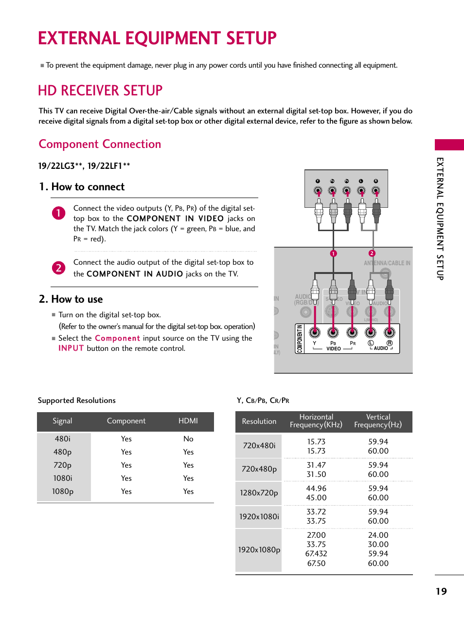 External equipment setup, Hd receiver setup, Component connection | How to connect, How to use, External eq uipment setup | LG 22LG31 User Manual | Page 21 / 116