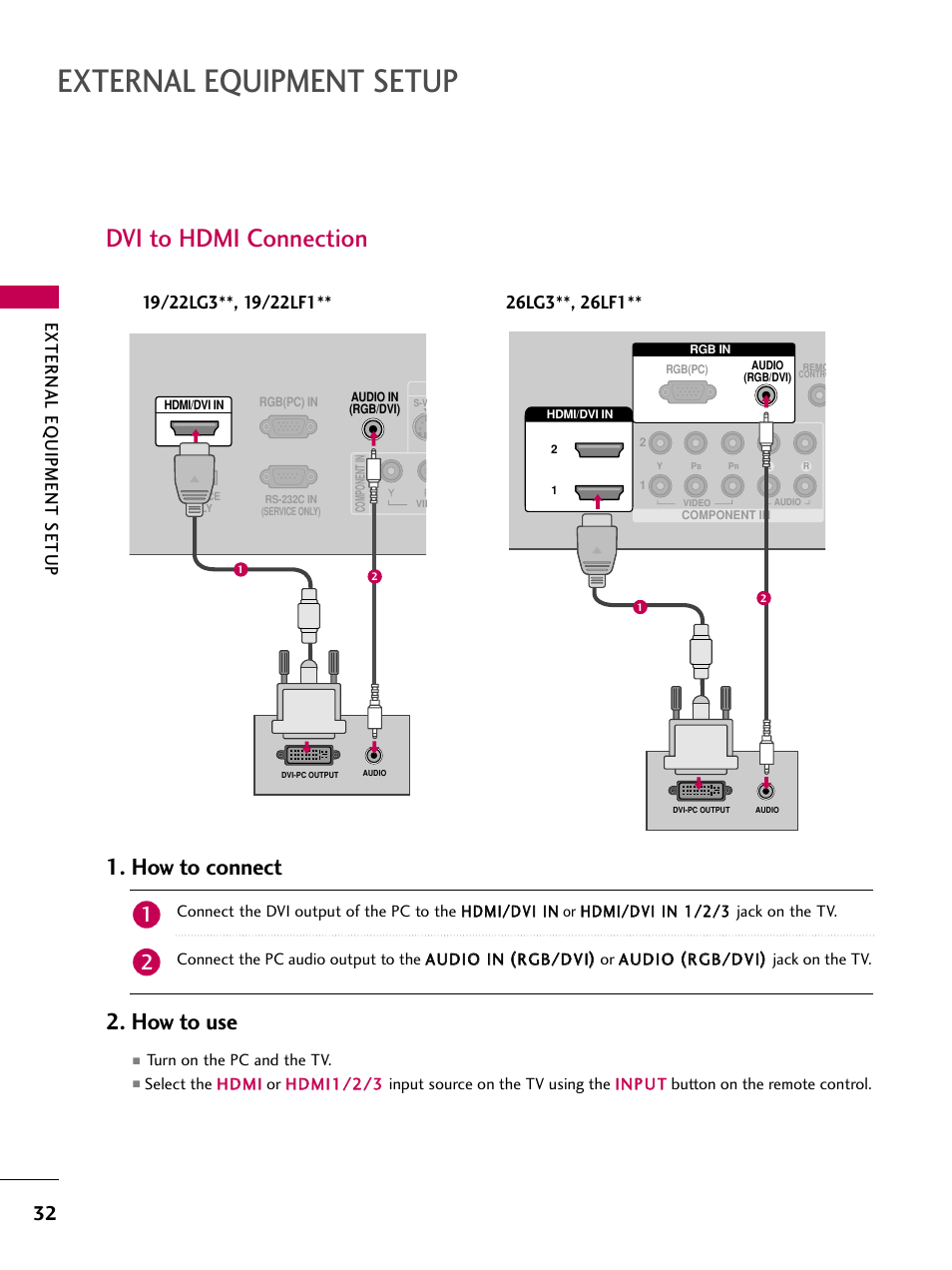 Dvi to hdmi connection, External equipment setup, How to connect 2. how to use | External eq uipment setup | LG 22LG31 User Manual | Page 34 / 116