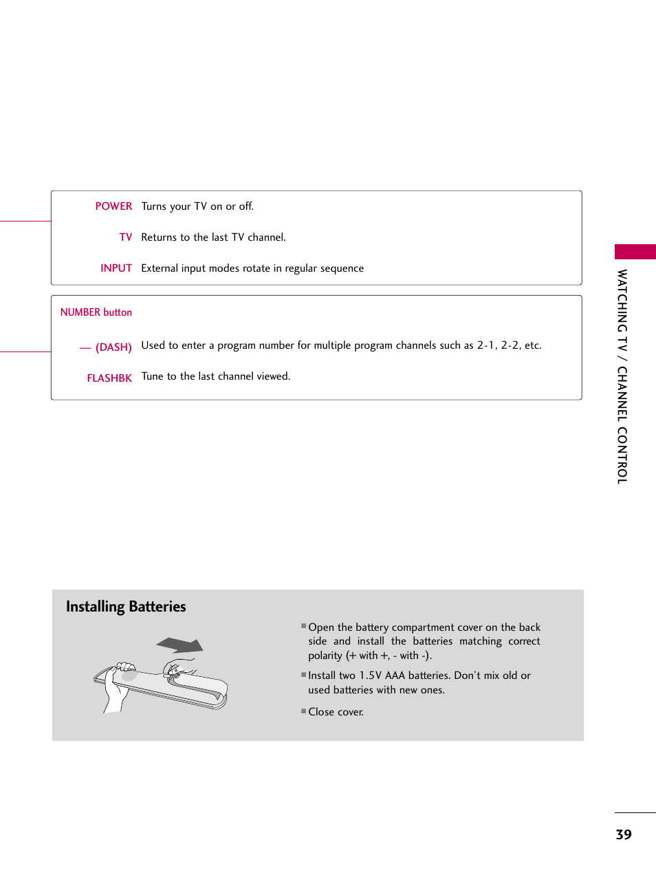 Installing batteries | LG 22LG31 User Manual | Page 41 / 116