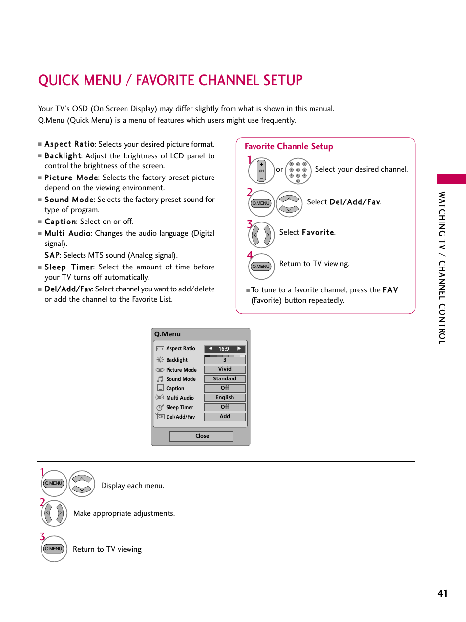 Quick menu / favorite channel setup, Watching tv / channel contr ol, Favorite channle setup | LG 22LG31 User Manual | Page 43 / 116