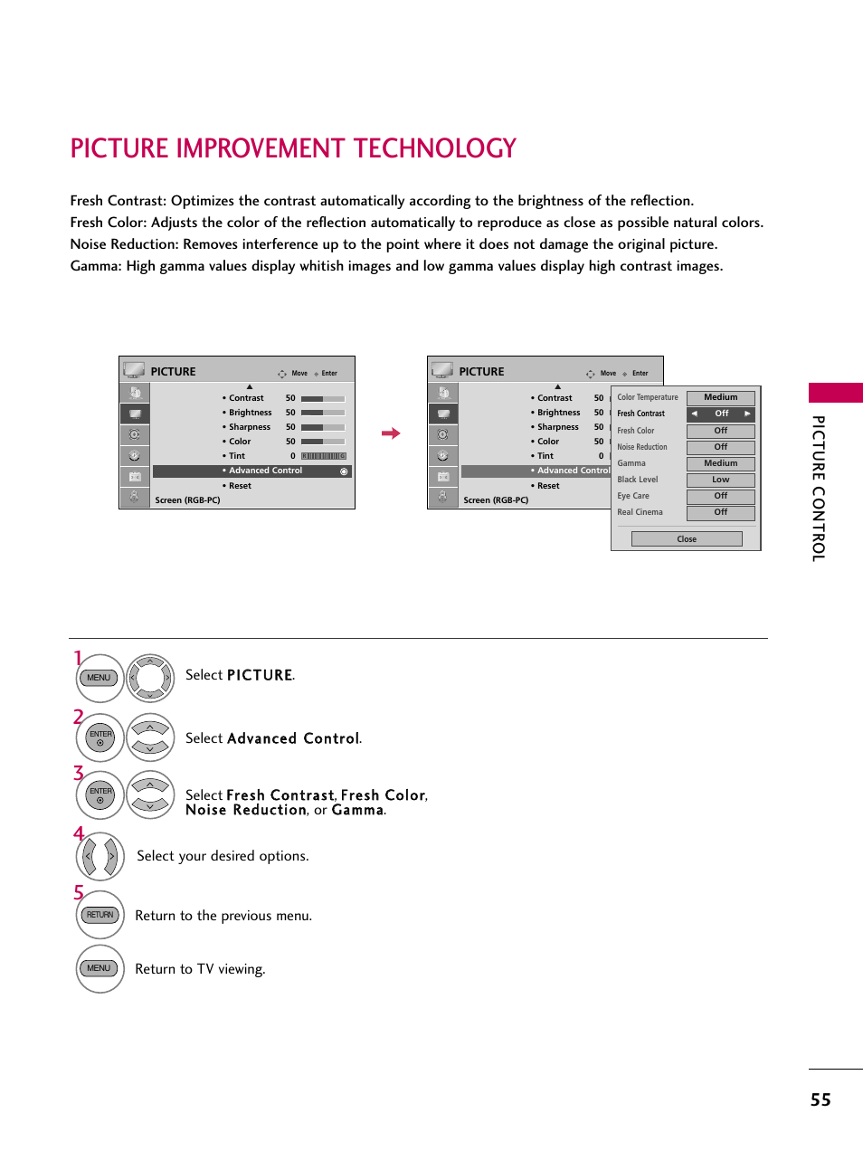 Picture improvement technology, Picture contr ol, Return to the previous menu | Return to tv viewing. select your desired options | LG 22LG31 User Manual | Page 57 / 116