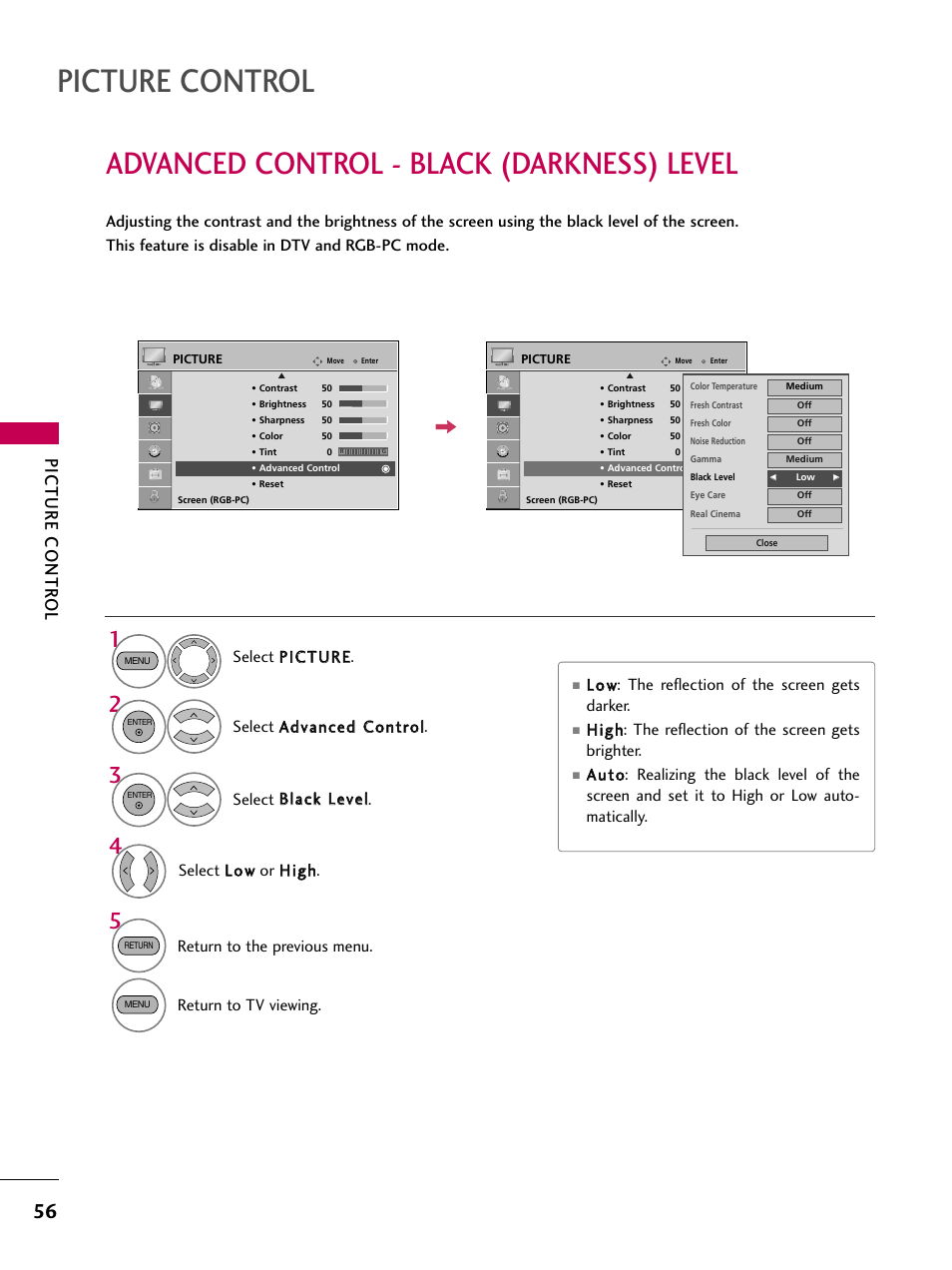 Advanced control - black (darkness) level, Picture control, Picture contr ol | Return to the previous menu, Return to tv viewing | LG 22LG31 User Manual | Page 58 / 116