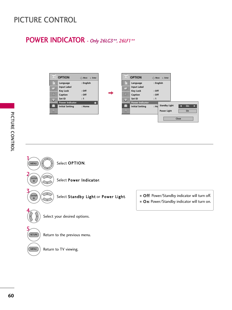 Power indicator - only 26lg3**, 26lf1, Picture control, Power indicator | Only 26lg3, Picture contr ol | LG 22LG31 User Manual | Page 62 / 116