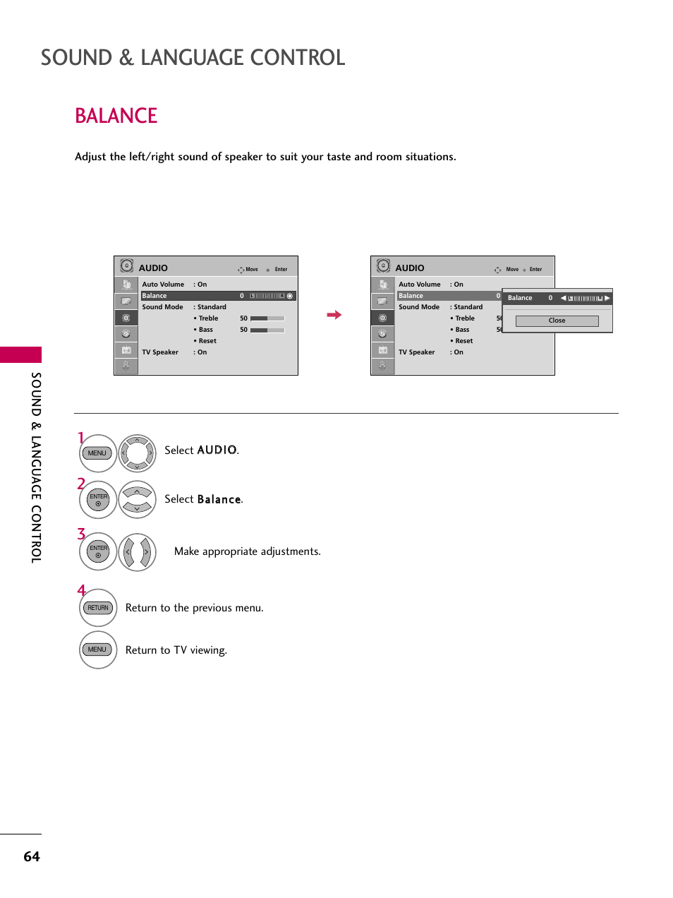 Balance, Sound & language control, Sound & langu a ge contr ol | Return to the previous menu, Return to tv viewing | LG 22LG31 User Manual | Page 66 / 116