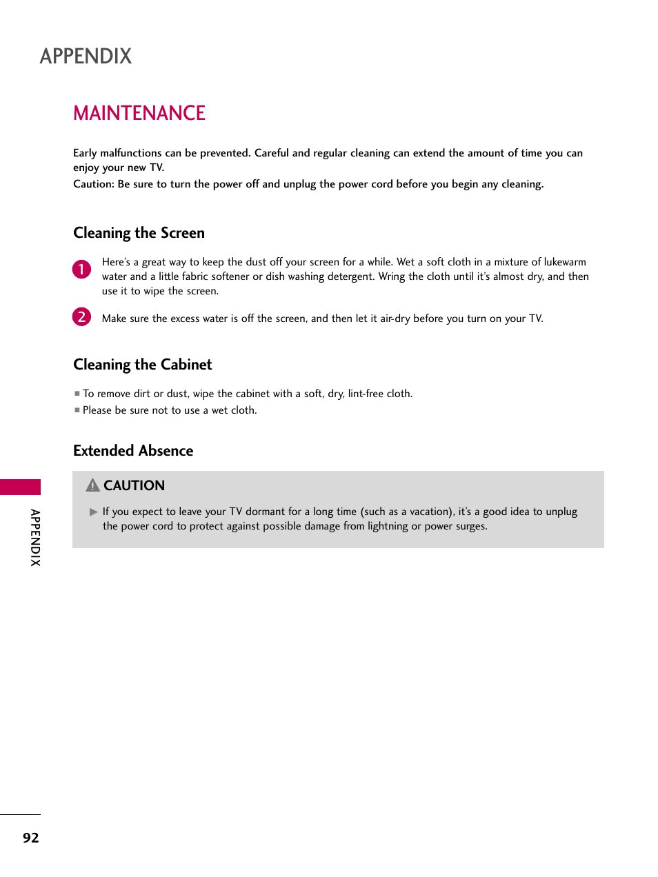 Maintenance, Appendix, Cleaning the screen | Cleaning the cabinet, Extended absence | LG 22LG31 User Manual | Page 94 / 116