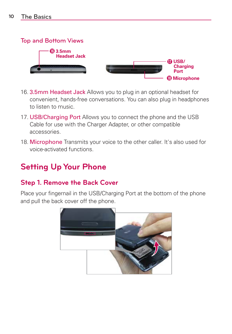 Setting up your phone, Step 1. remove the back cover | LG LGAS876 User Manual | Page 10 / 218