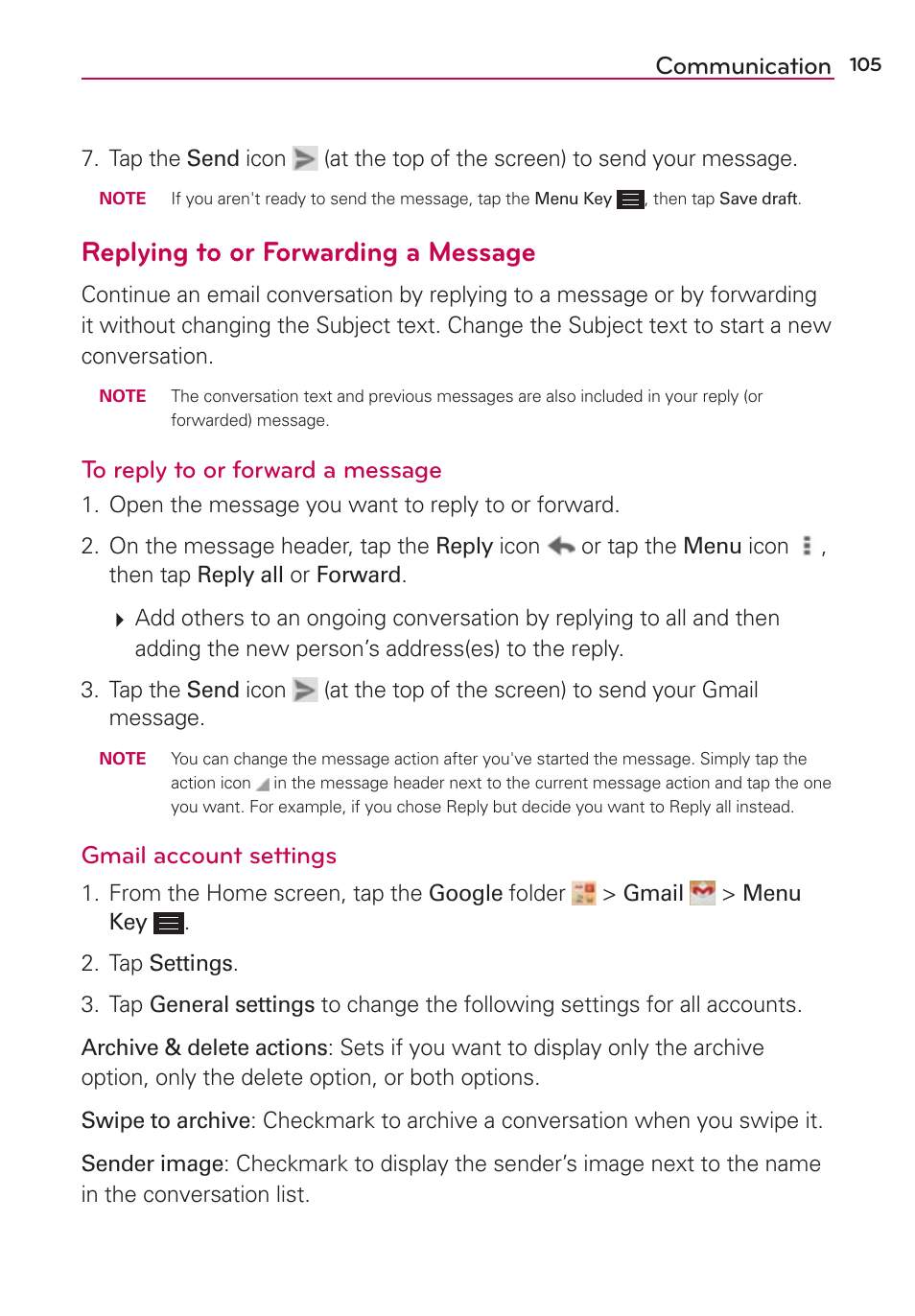 Replying to or forwarding a message, Communication, Gmail account settings | LG LGAS876 User Manual | Page 105 / 218