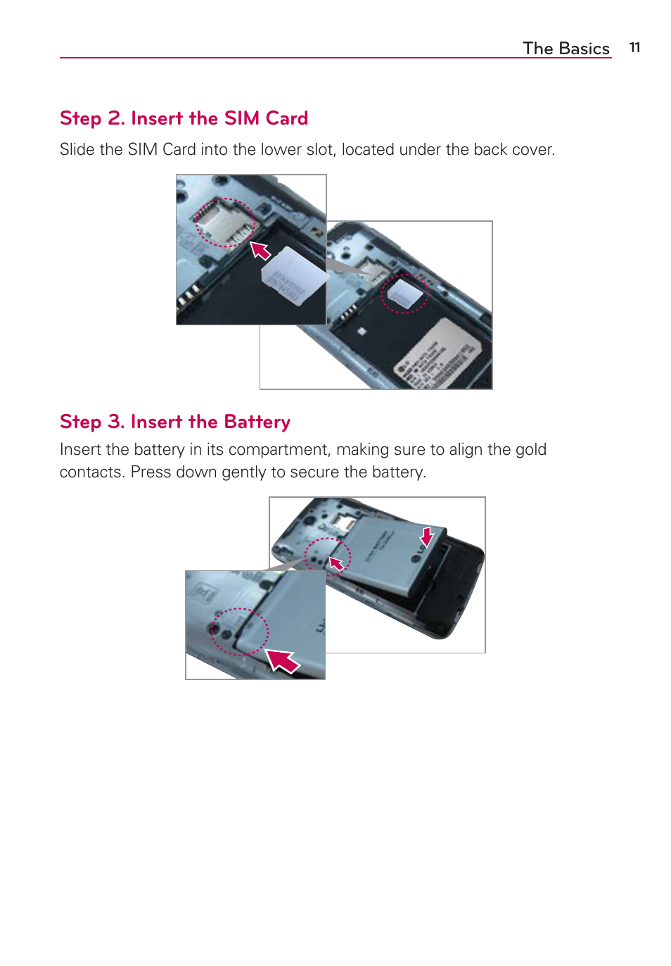 Step 2. insert the sim card, Step 3. insert the battery | LG LGAS876 User Manual | Page 11 / 218