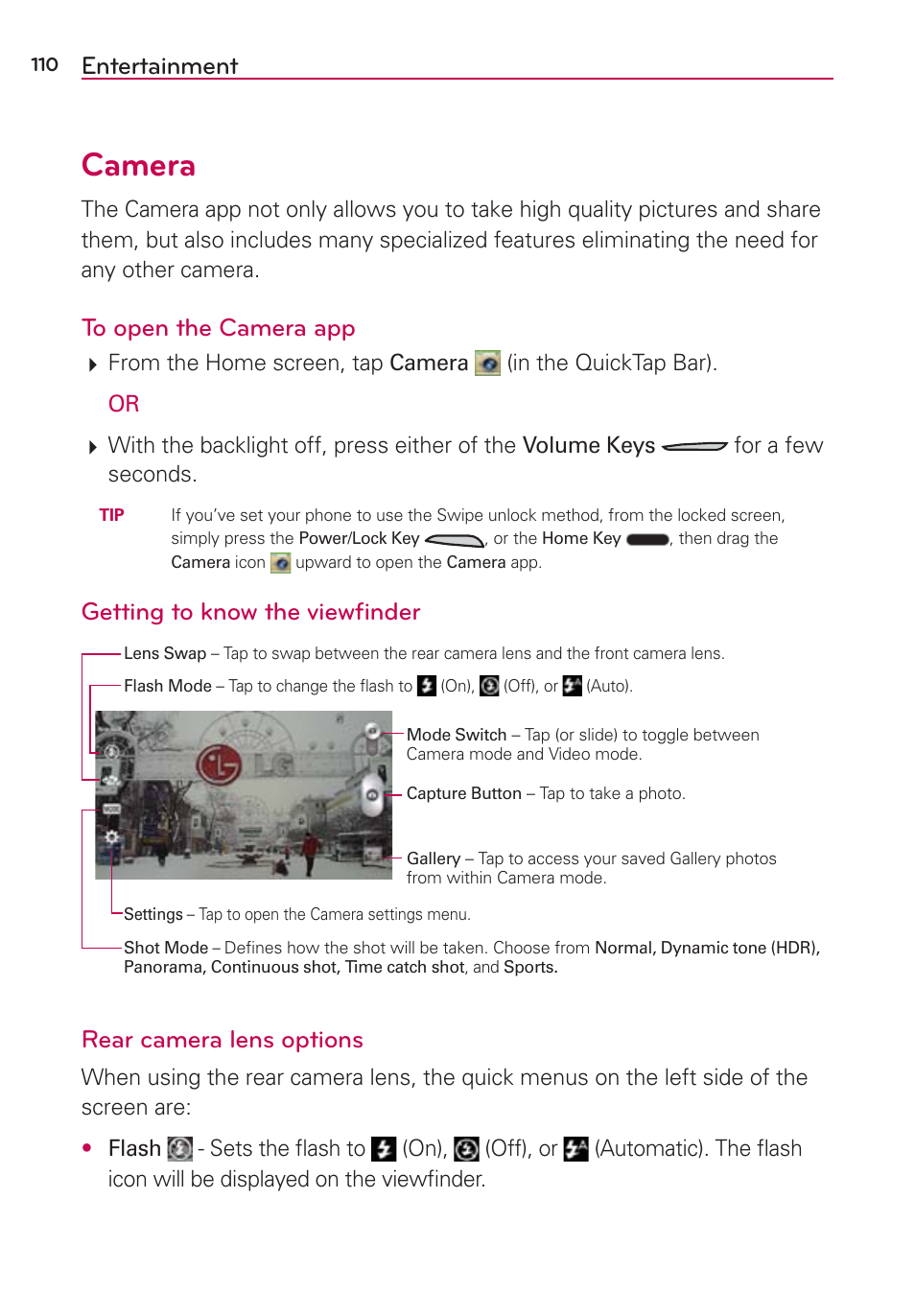 Entertainment, Camera, Getting to know the viewﬁnder | Rear camera lens options | LG LGAS876 User Manual | Page 110 / 218