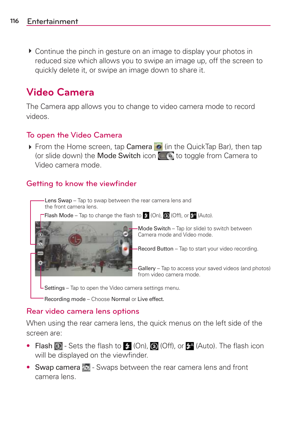 Video camera, Entertainment, Getting to know the viewﬁnder | Rear video camera lens options | LG LGAS876 User Manual | Page 116 / 218