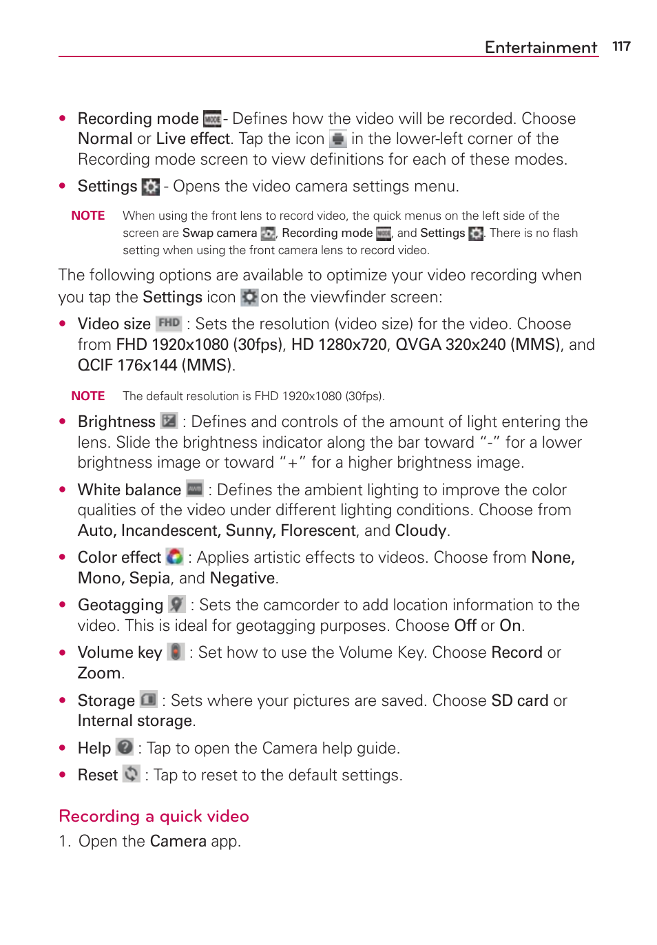 Entertainment, Recording a quick video | LG LGAS876 User Manual | Page 117 / 218