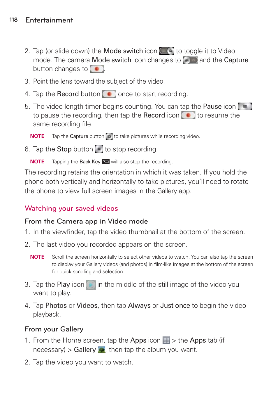 Entertainment, Watching your saved videos | LG LGAS876 User Manual | Page 118 / 218