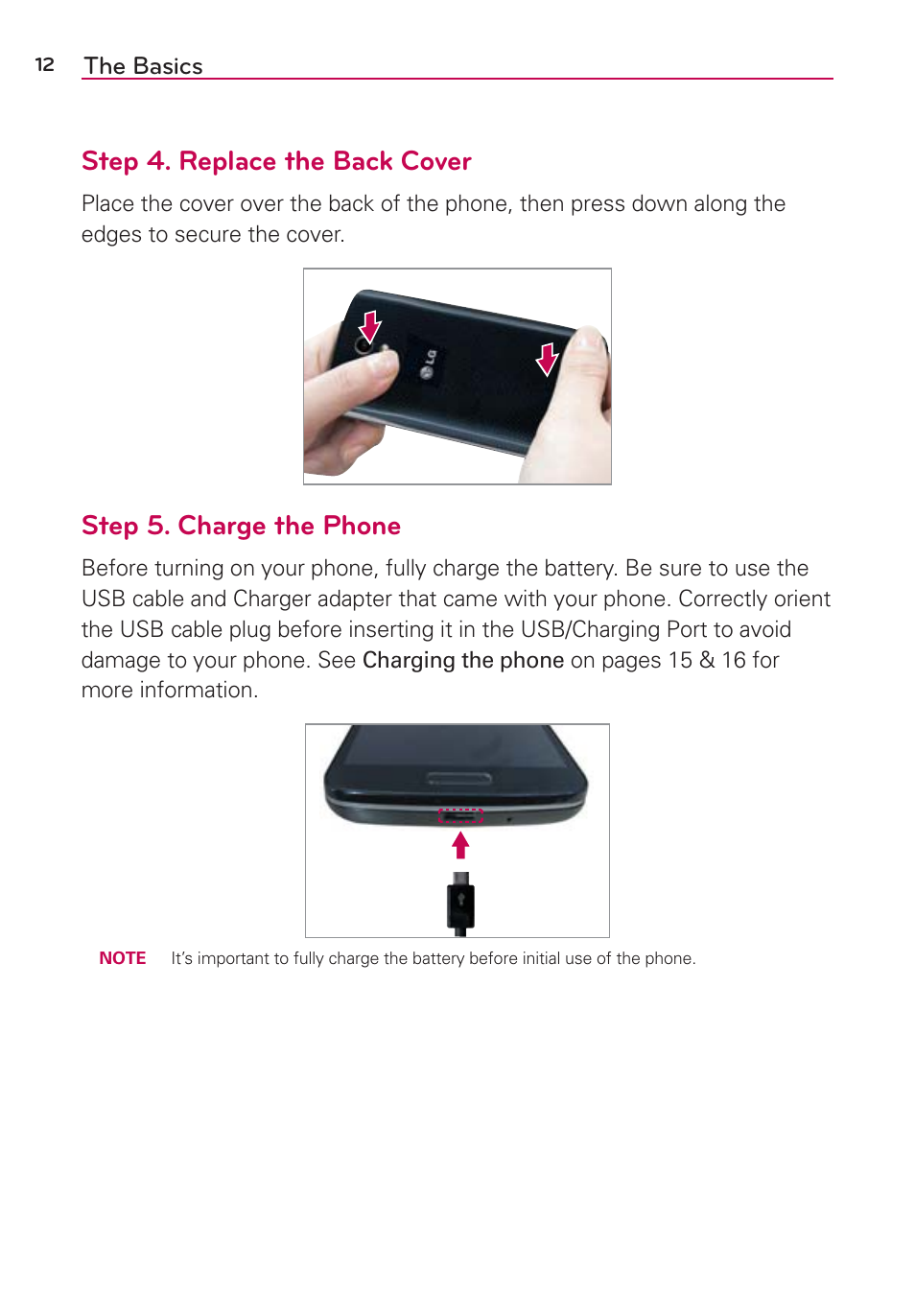 Step 4. replace the back cover, Step 5. charge the phone | LG LGAS876 User Manual | Page 12 / 218