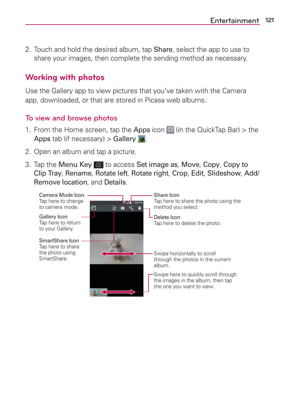 Working with photos, Entertainment | LG LGAS876 User Manual | Page 121 / 218