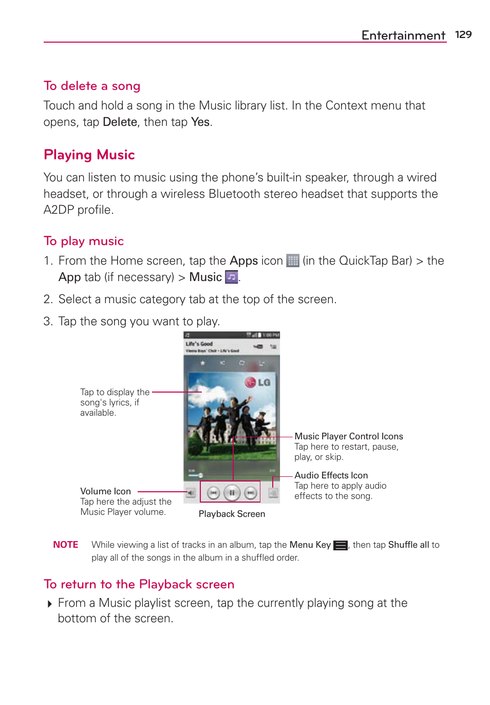 Playing music, Entertainment to delete a song | LG LGAS876 User Manual | Page 129 / 218