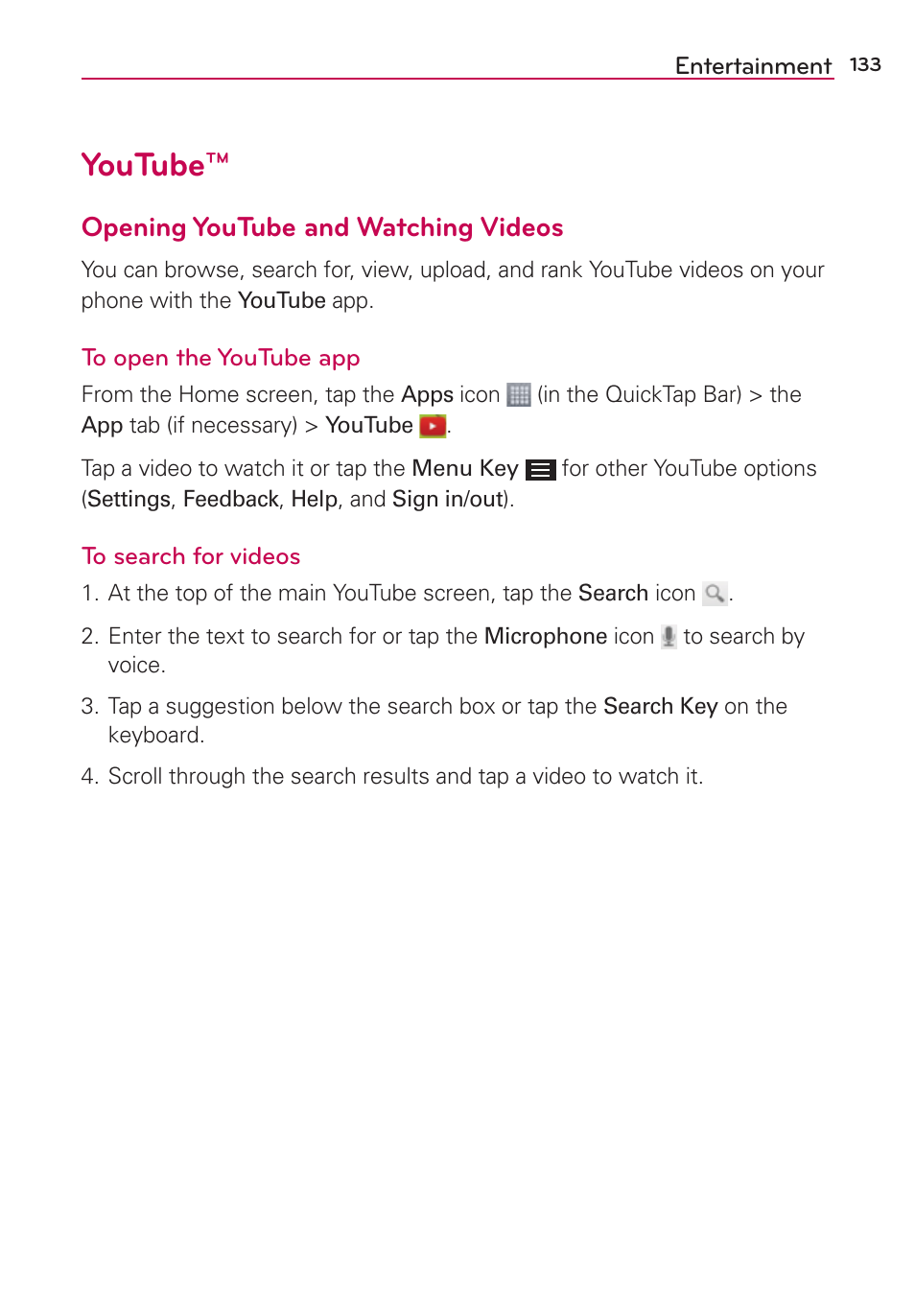 Youtube, Opening youtube and watching videos | LG LGAS876 User Manual | Page 133 / 218