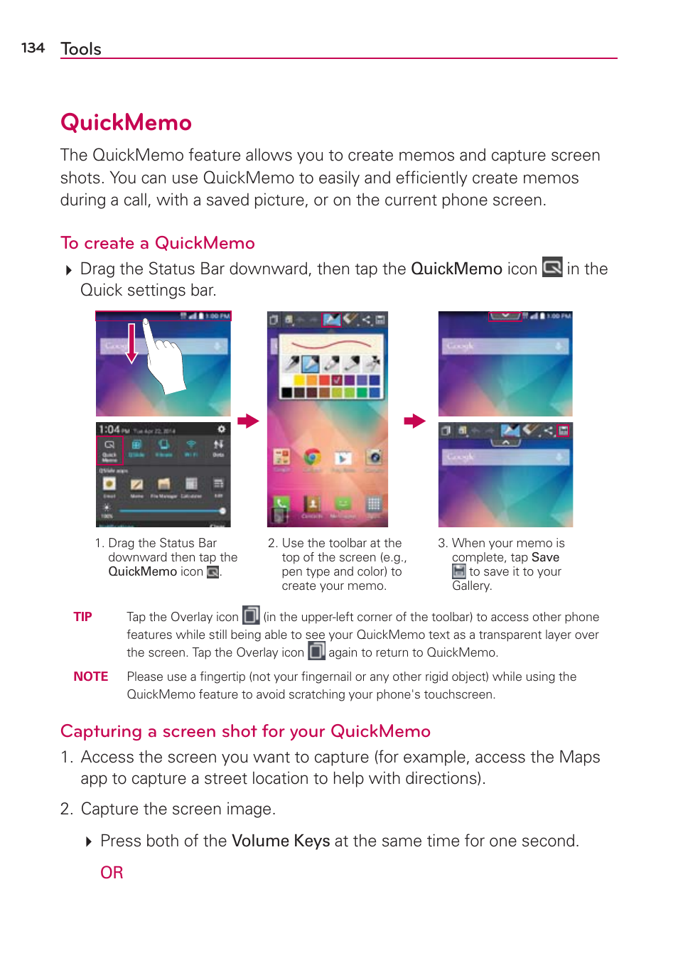 Tools, Quickmemo | LG LGAS876 User Manual | Page 134 / 218