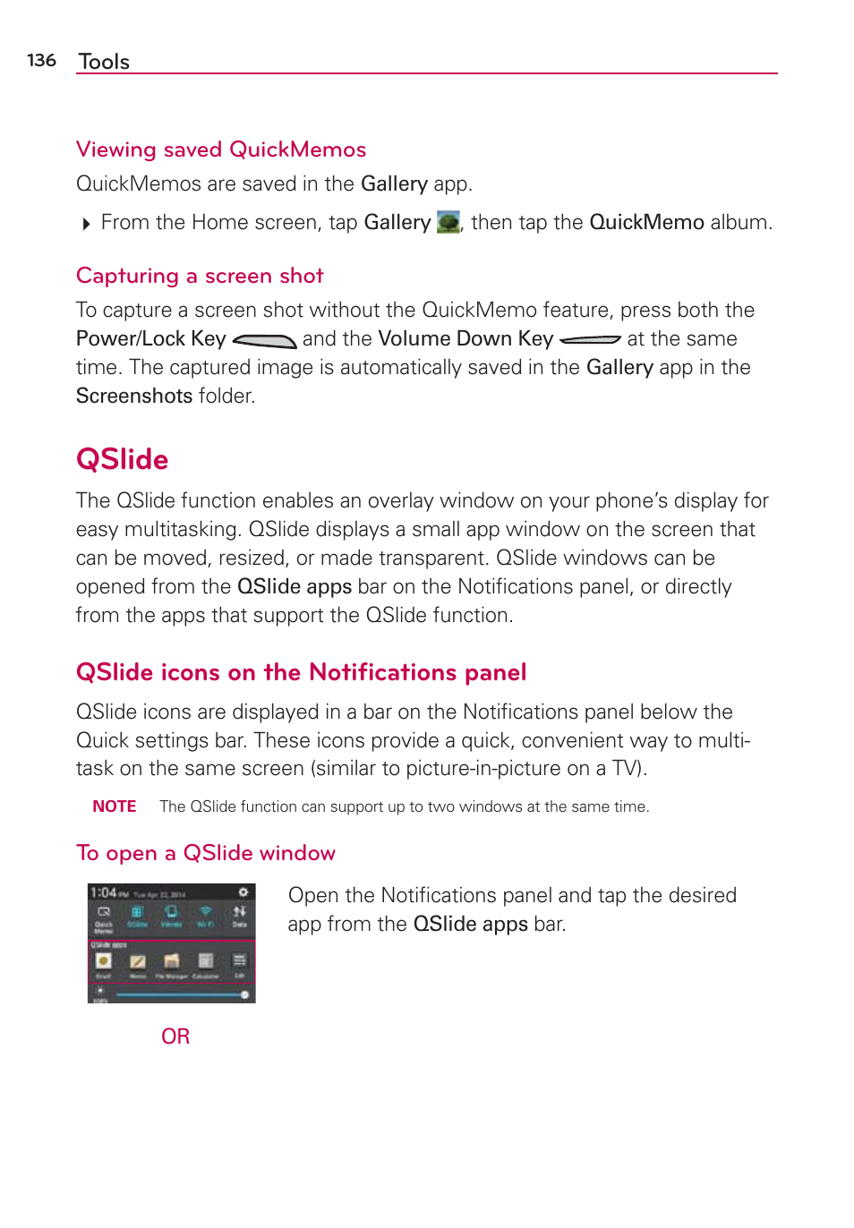 Qslide, Qslide icons on the notiﬁcations panel | LG LGAS876 User Manual | Page 136 / 218