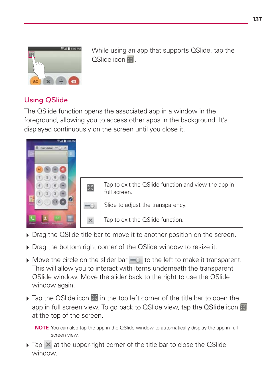 Using qslide | LG LGAS876 User Manual | Page 137 / 218