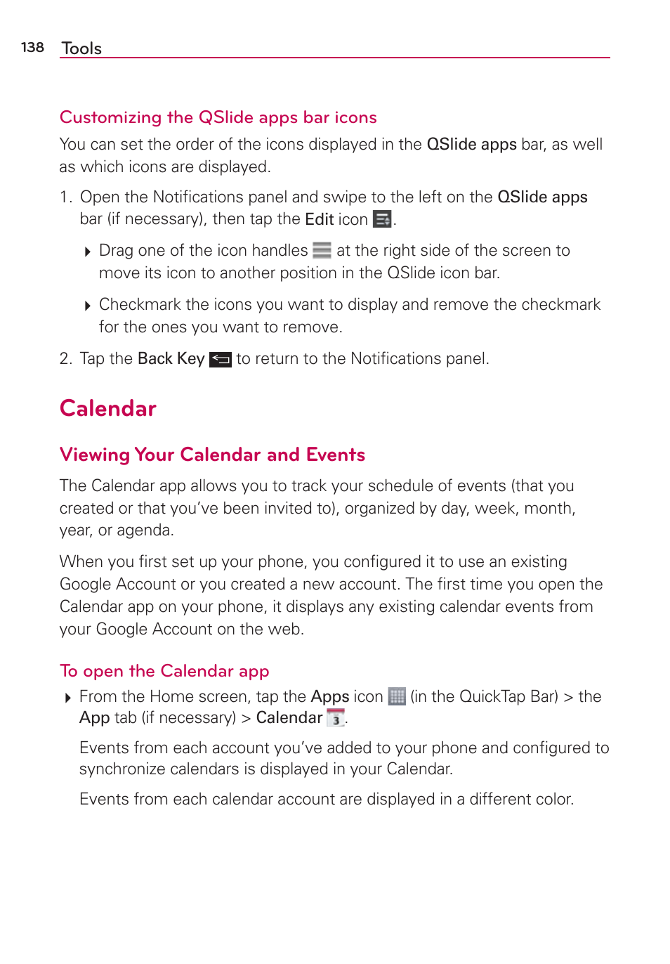 Calendar, Viewing your calendar and events | LG LGAS876 User Manual | Page 138 / 218