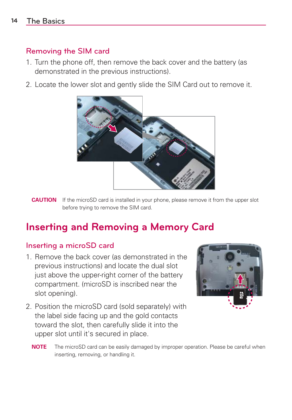 Inserting and removing a memory card, The basics removing the sim card, Inserting a microsd card | LG LGAS876 User Manual | Page 14 / 218