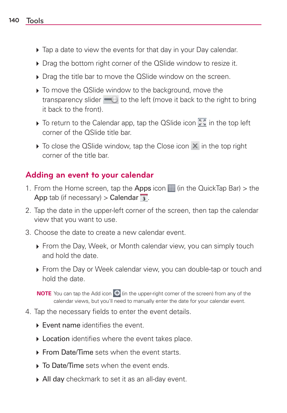 Adding an event to your calendar | LG LGAS876 User Manual | Page 140 / 218
