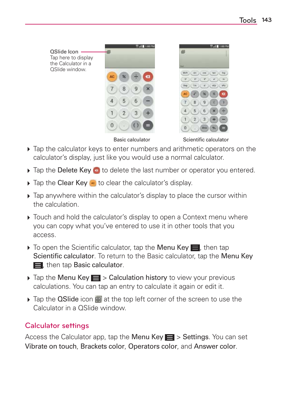 Tools, Calculator settings | LG LGAS876 User Manual | Page 143 / 218