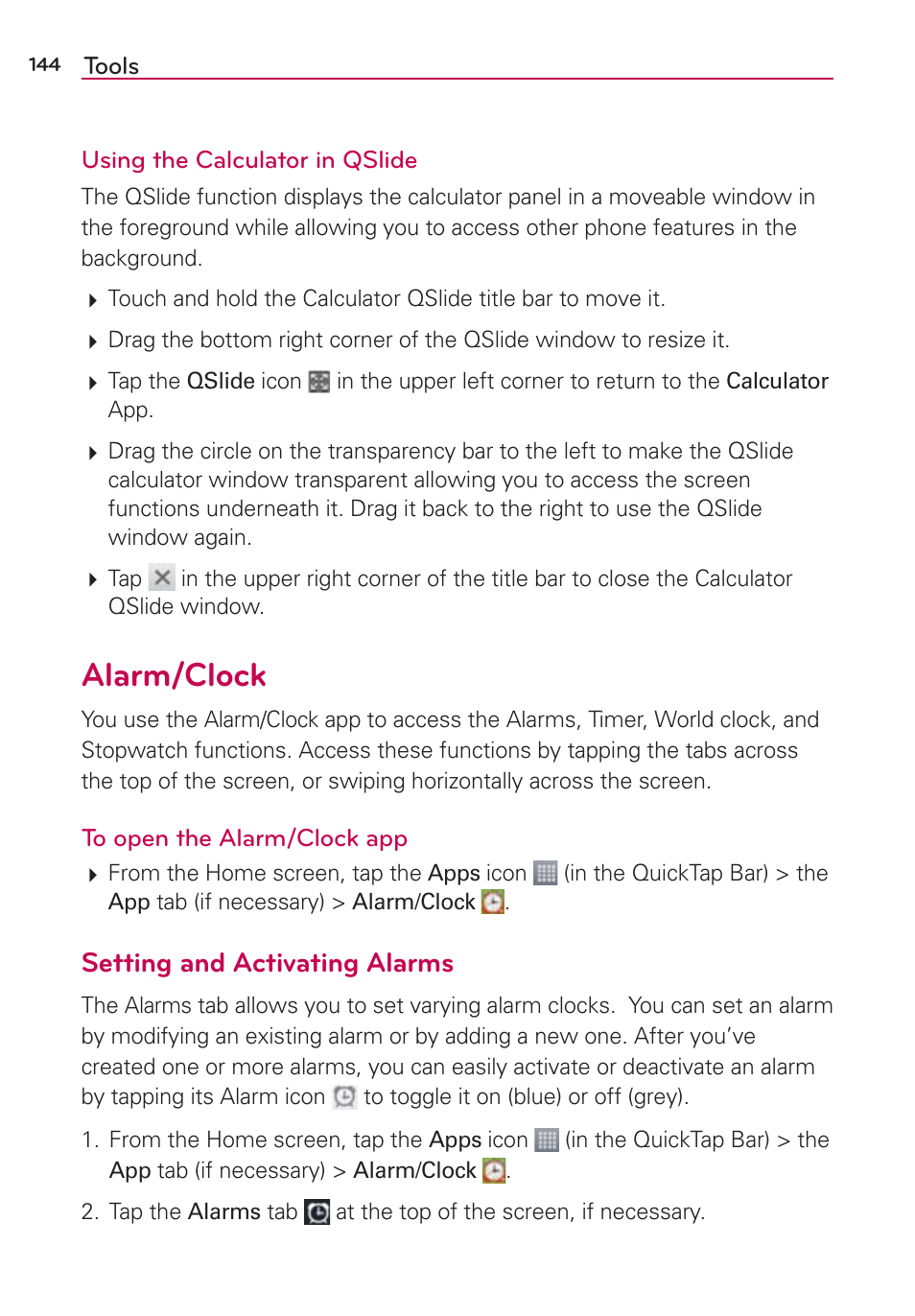 Alarm/clock, Setting and activating alarms | LG LGAS876 User Manual | Page 144 / 218