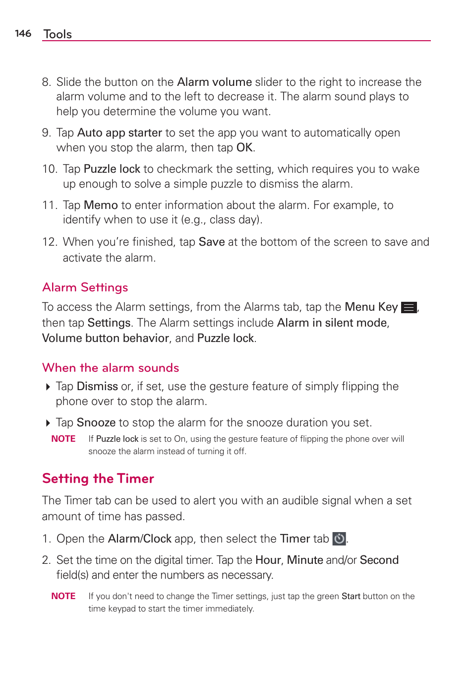 Setting the timer, Tools, Alarm settings | When the alarm sounds | LG LGAS876 User Manual | Page 146 / 218