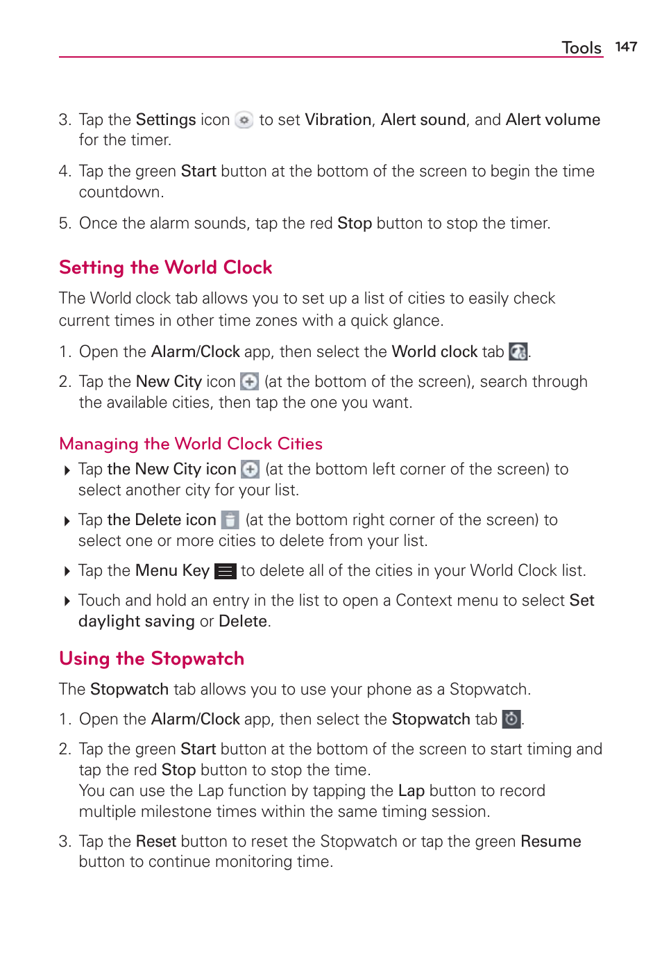 Setting the world clock, Using the stopwatch | LG LGAS876 User Manual | Page 147 / 218