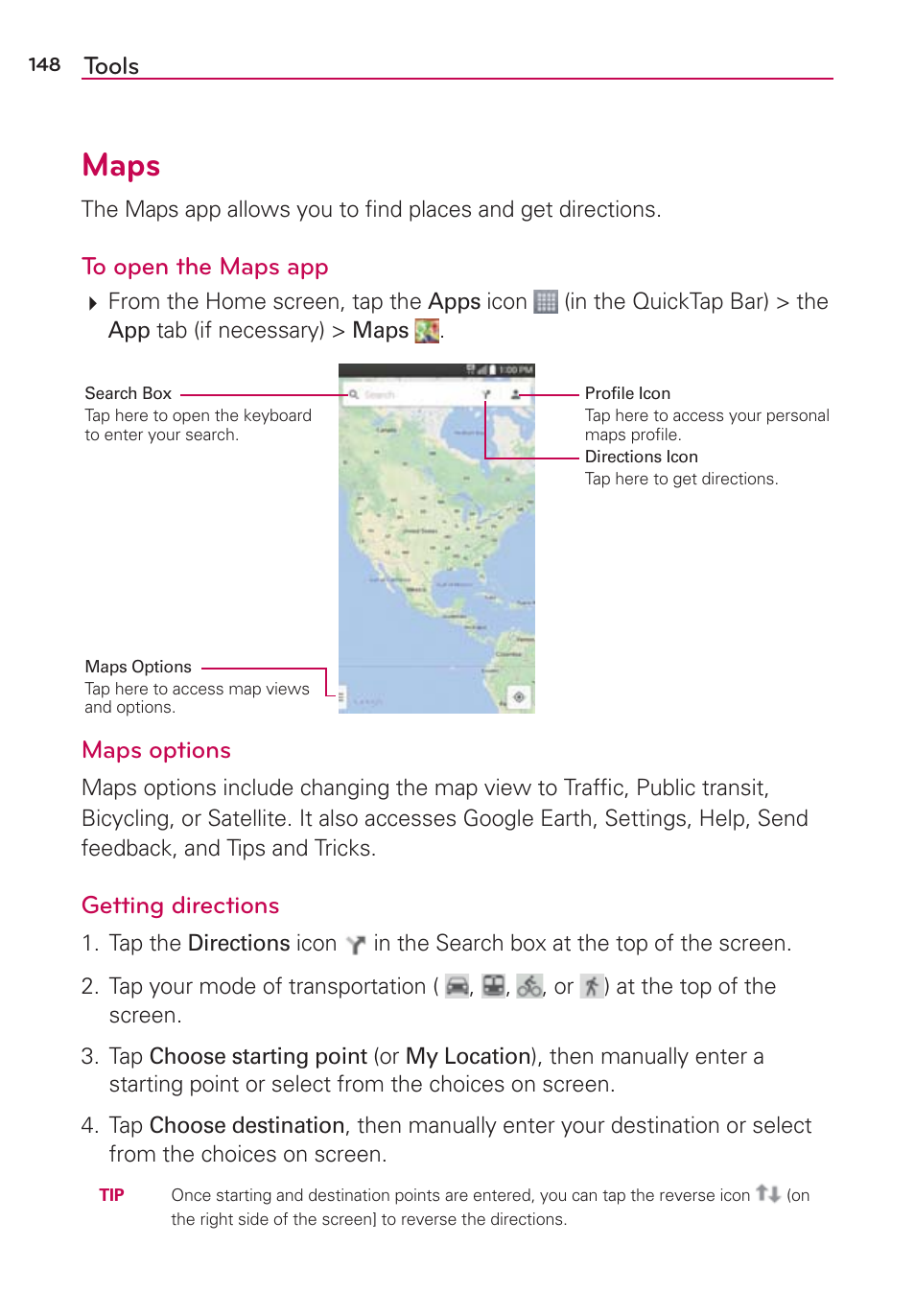 Maps, Tools, Maps options | Getting directions | LG LGAS876 User Manual | Page 148 / 218