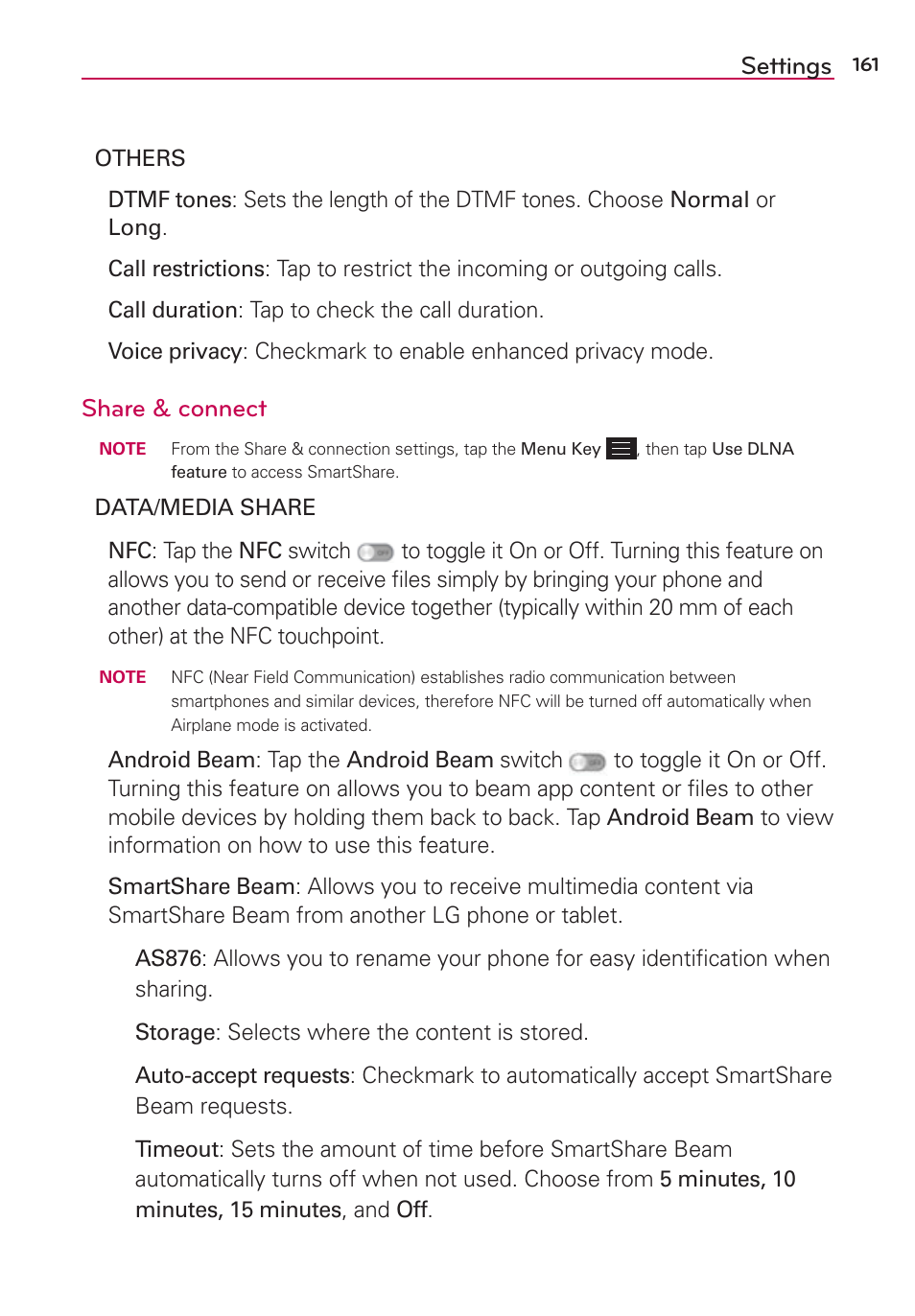 Settings, Share & connect | LG LGAS876 User Manual | Page 161 / 218