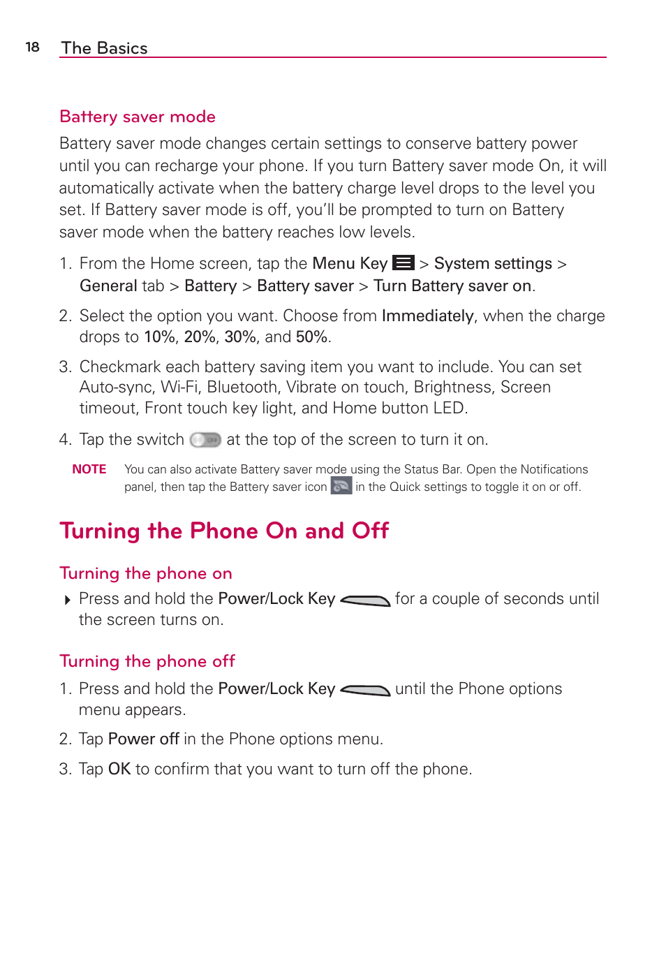 Turning the phone on and off | LG LGAS876 User Manual | Page 18 / 218