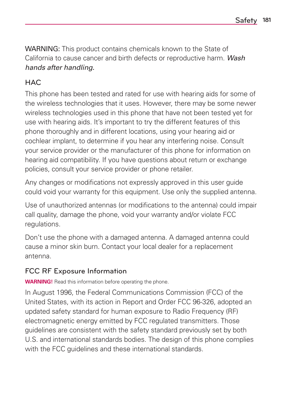 Safety | LG LGAS876 User Manual | Page 181 / 218