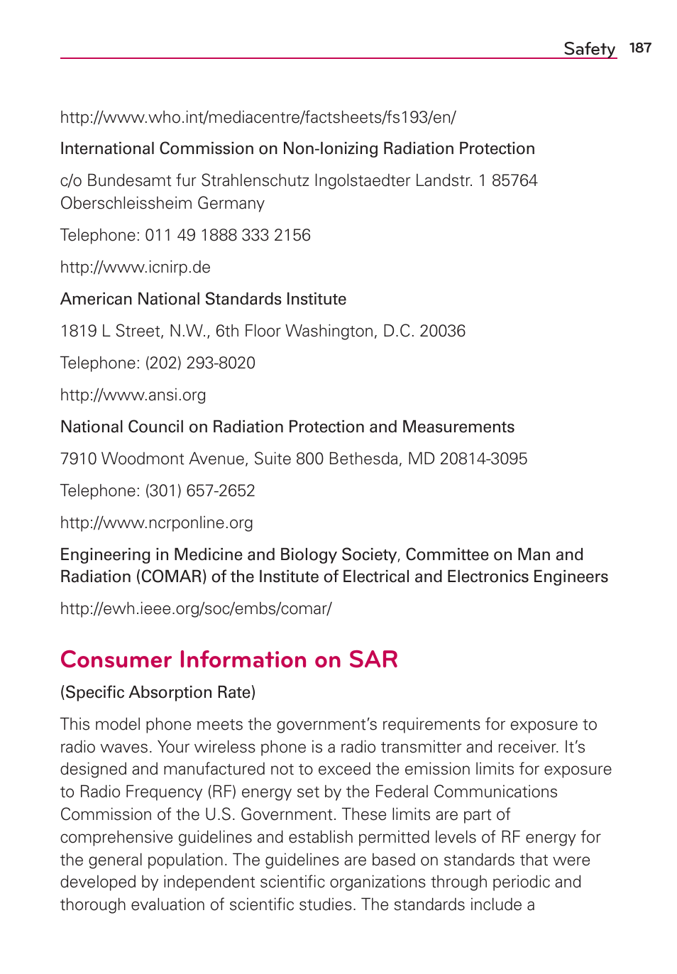 Consumer information on sar | LG LGAS876 User Manual | Page 187 / 218