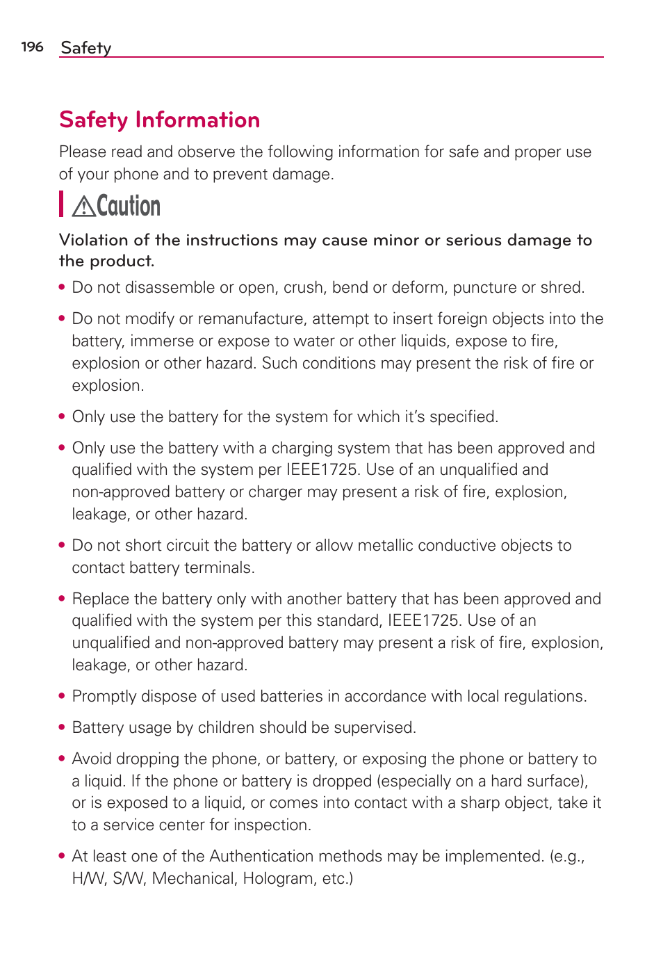 Safety information, Caution | LG LGAS876 User Manual | Page 196 / 218