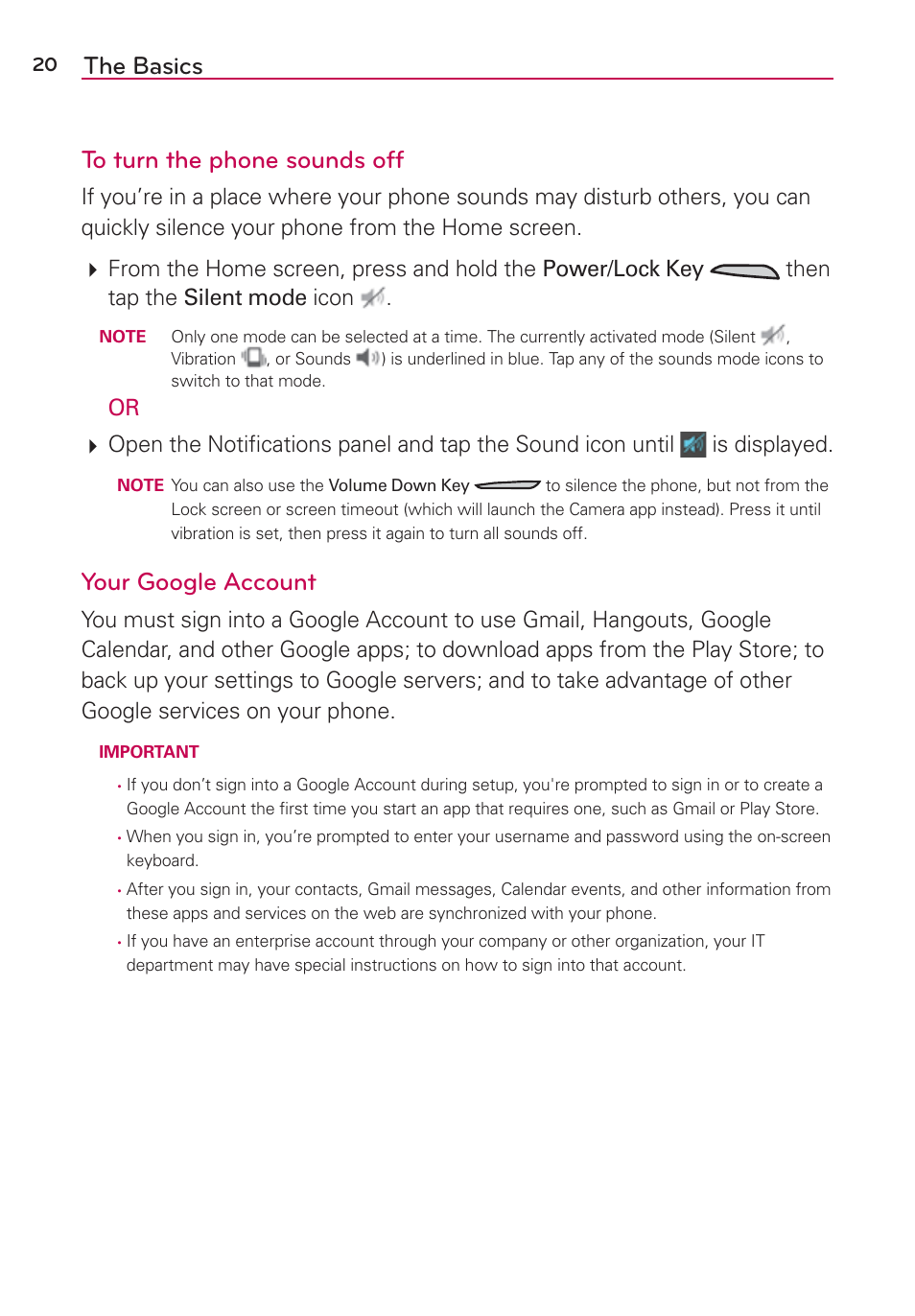 The basics to turn the phone sounds off, Your google account | LG LGAS876 User Manual | Page 20 / 218