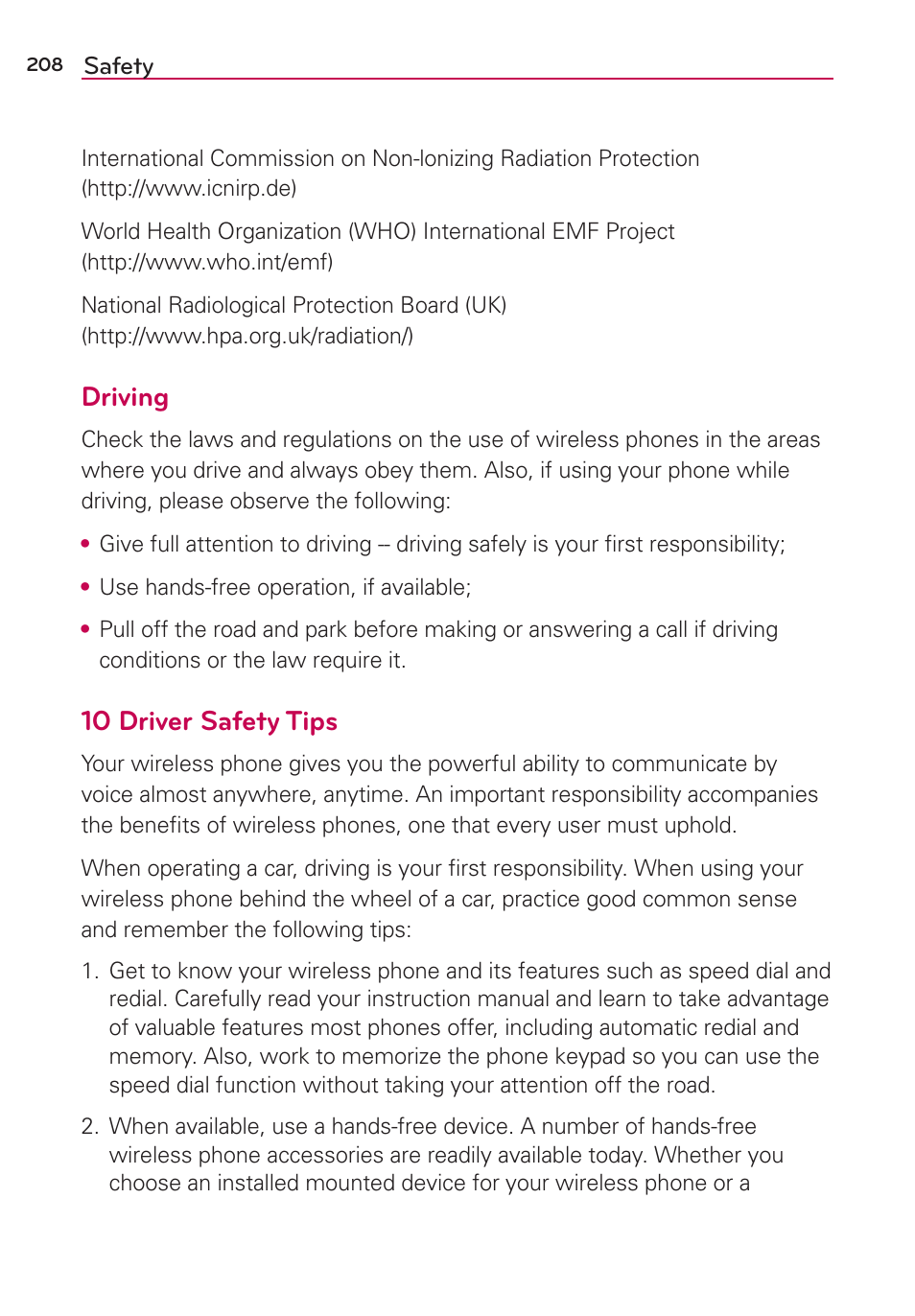 Driving, 10 driver safety tips | LG LGAS876 User Manual | Page 208 / 218