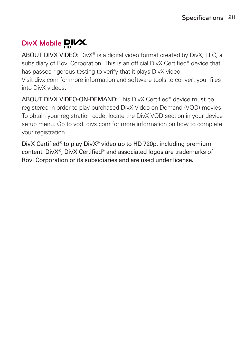 Specifications, Speciﬁcations, Divx mobile | LG LGAS876 User Manual | Page 211 / 218