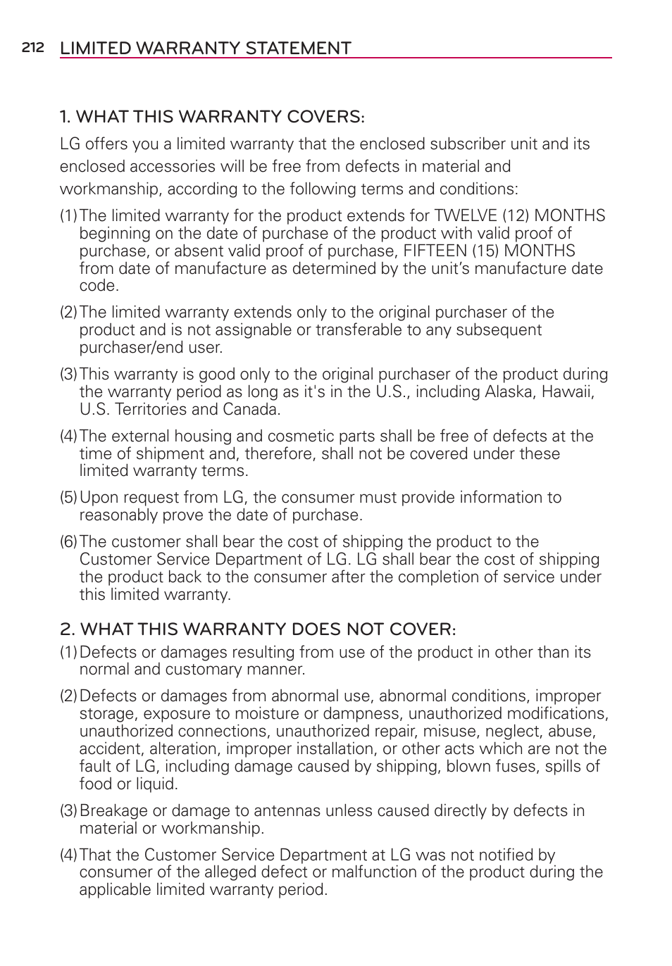 Limited warranty statement | LG LGAS876 User Manual | Page 212 / 218