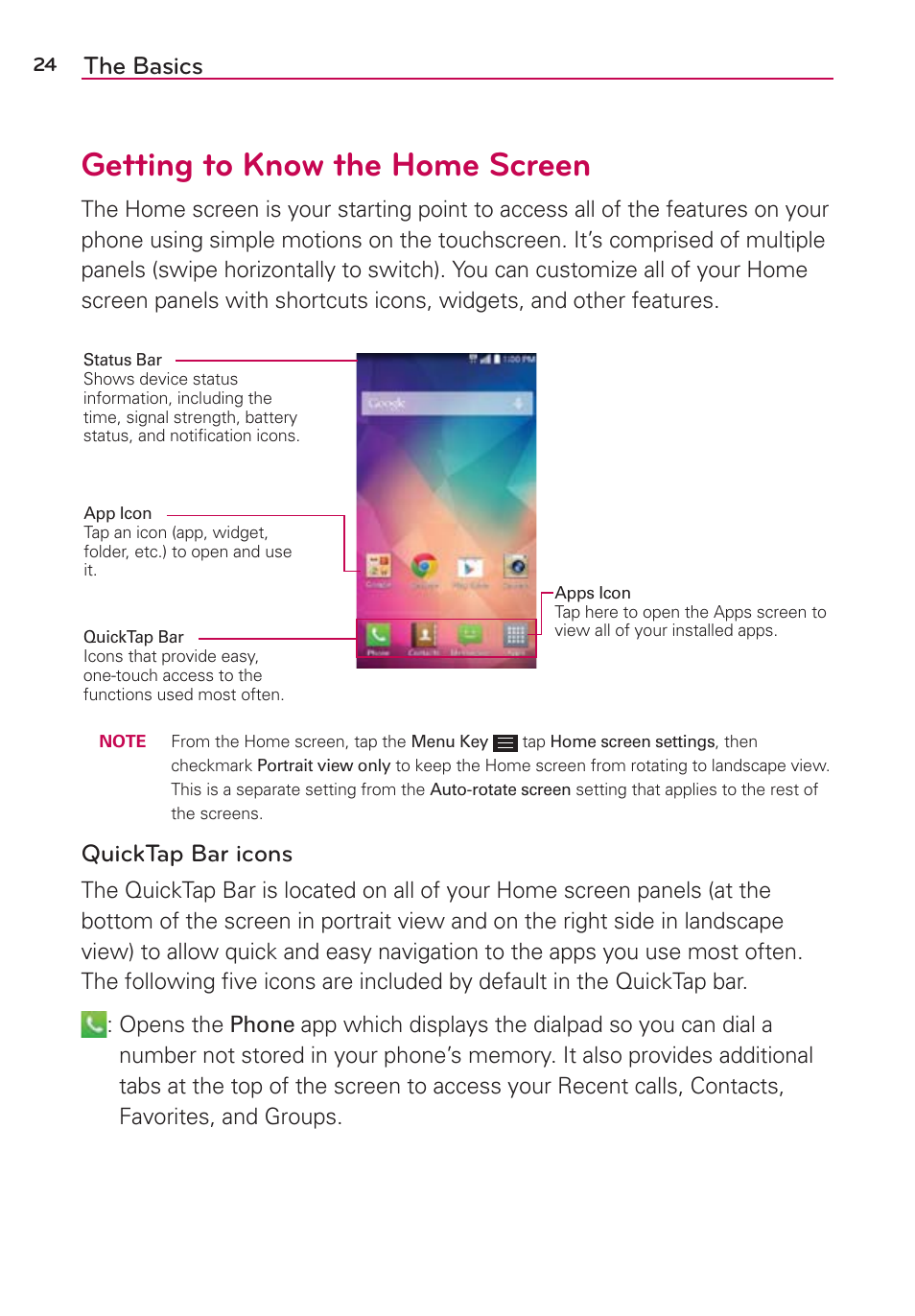 Getting to know the home screen, The basics, Quicktap bar icons | LG LGAS876 User Manual | Page 24 / 218