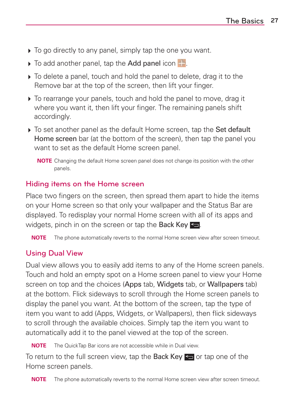 The basics, Hiding items on the home screen, Using dual view | LG LGAS876 User Manual | Page 27 / 218