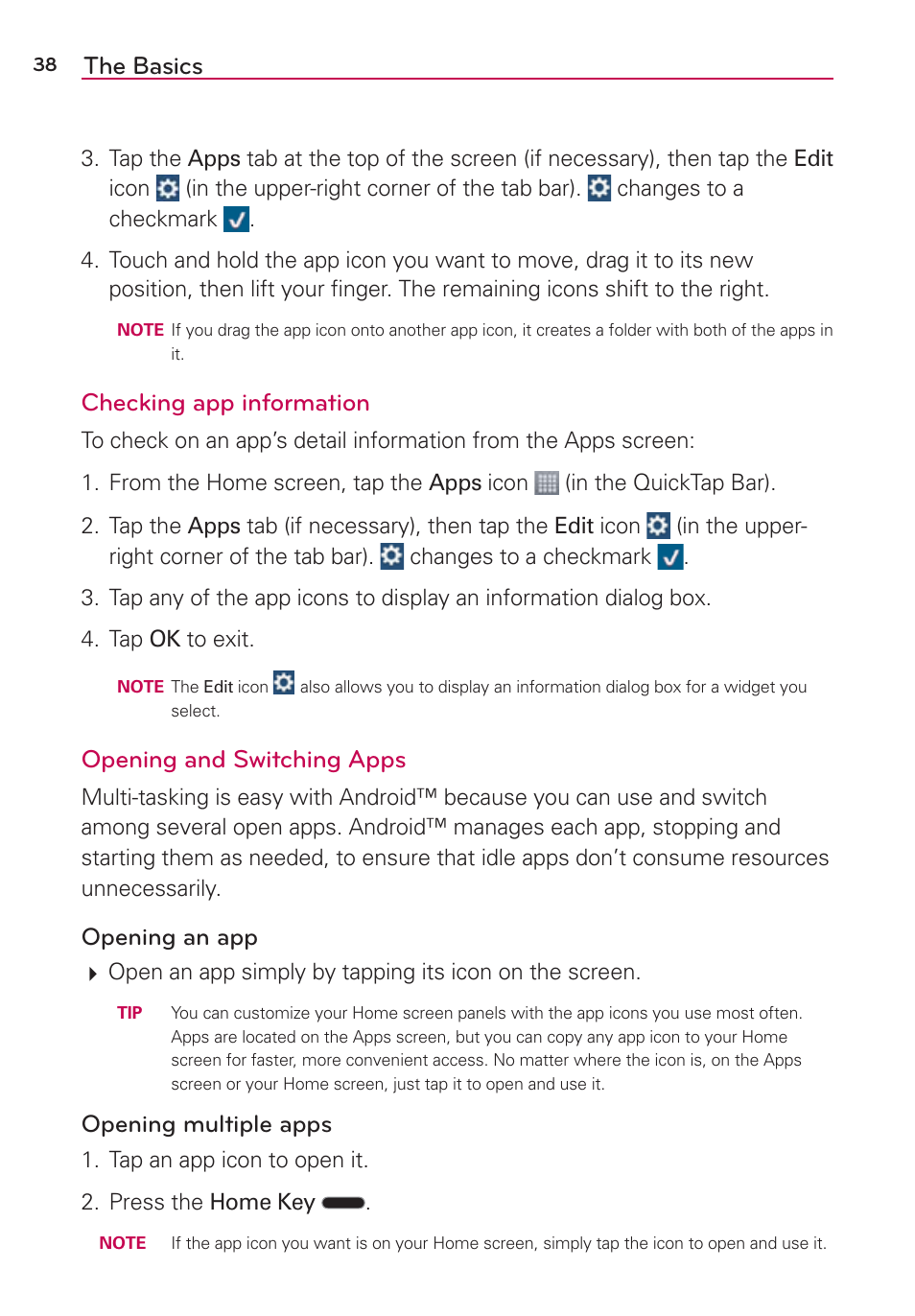 The basics, Checking app information, Opening and switching apps | Opening an app, Opening multiple apps | LG LGAS876 User Manual | Page 38 / 218