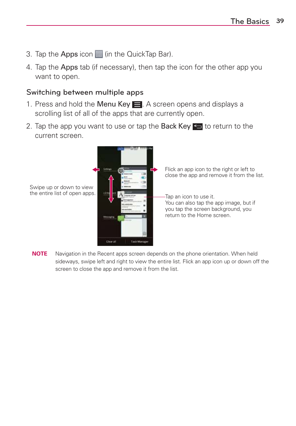 The basics, Switching between multiple apps | LG LGAS876 User Manual | Page 39 / 218