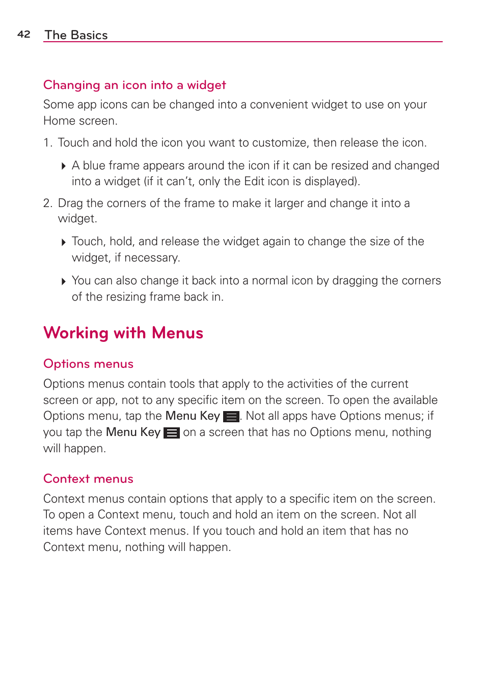 Working with menus | LG LGAS876 User Manual | Page 42 / 218