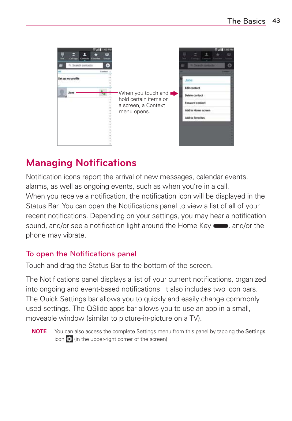 Managing notifications, Managing notiﬁcations, The basics | LG LGAS876 User Manual | Page 43 / 218