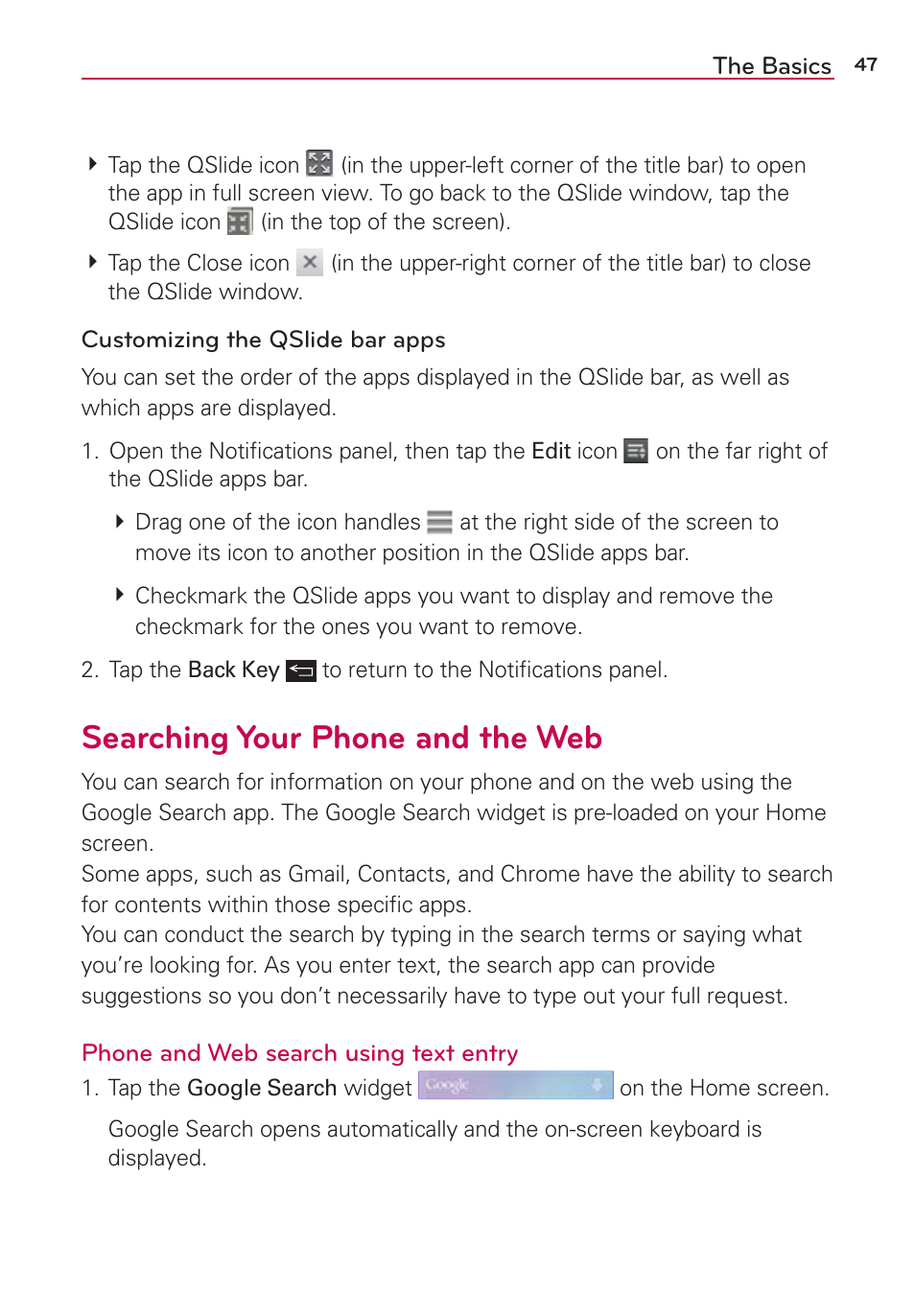 Searching your phone and the web | LG LGAS876 User Manual | Page 47 / 218