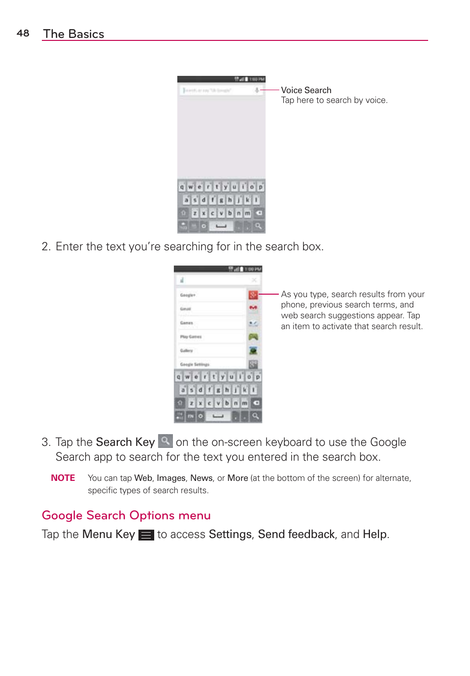 The basics, Google search options menu | LG LGAS876 User Manual | Page 48 / 218