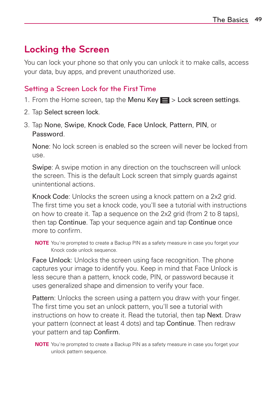 Locking the screen, The basics, Setting a screen lock for the first time | LG LGAS876 User Manual | Page 49 / 218